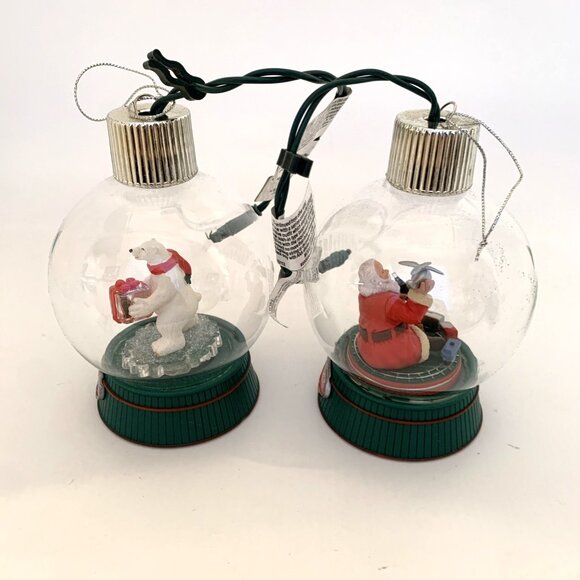 2 Coca-Cola Holiday Radiance Glass Ornaments Illuminated Rotating Santa Bear Vtg - Picture 8 of 16